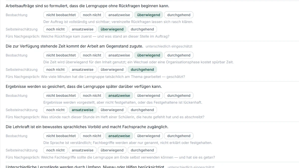 Beobachtung und Selbsteinschätzung einer angehenden Lehrkraft untereinander, Abweichungen markiert.